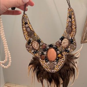 Beaded embellished feather statement necklace